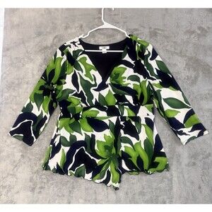 Cato Womens XL Green Black Abstract Floral Silky Blouse 3/4 Sleeve Top